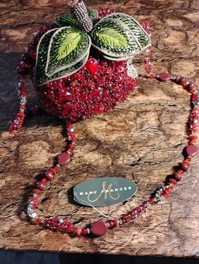 Mary Frances Red Beaded Apple Bagwith Green Leaf Accent